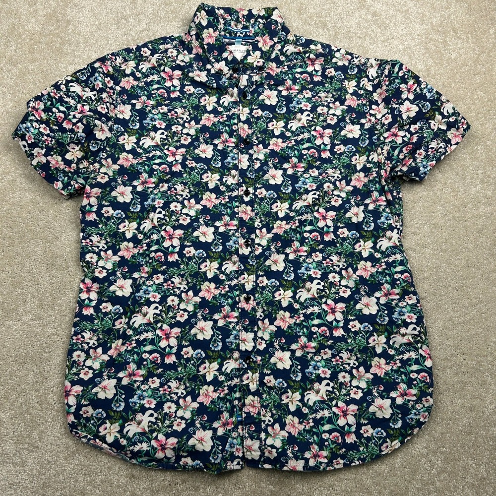 Denim & Flower Men's Shirt L Navy Floral Short Sleeve Button Down Tropical